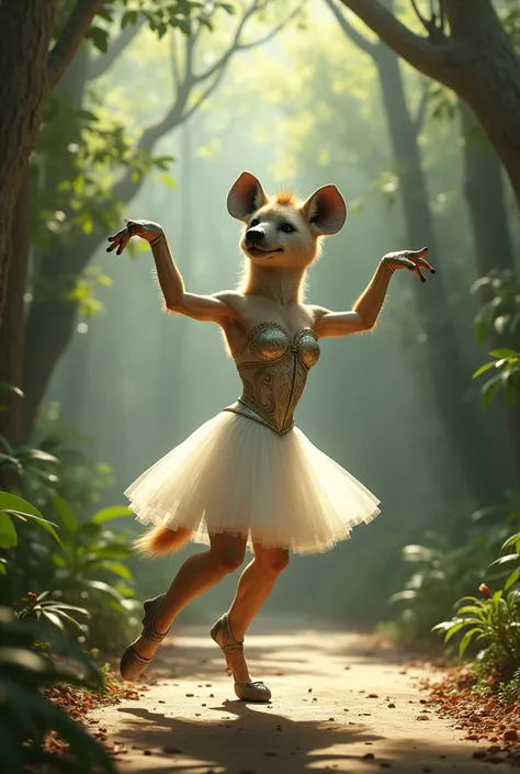 a hyena dancing ballet on a sunlit stage in the middle of the jungle.... 2 front paws up high and 2 hind paws straight with high heels,  white flared skirt and corset