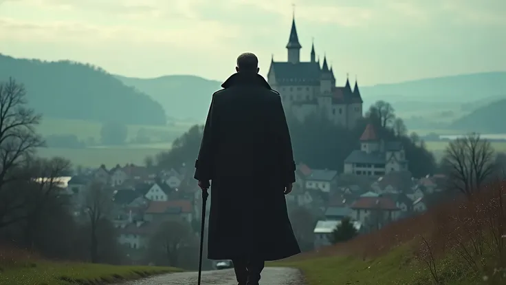 A man in a long coat walks back towards the screen on a hill in front of the town which has a castle in the center of the town. The scene is captured with a Sony A7R IV paired with a 135mm f/2.5 GM lens./1.8, ensuring stunning clarity and rich detail.   8k