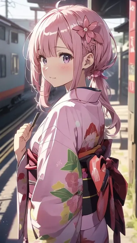 Best Quality, masterpiece, High resolution, Alone, {Yukata:1.40}, {kimono:1.20}, {pinot_Jashinchan Dropkick:1.15}, drill_hair, pink_hair, twin_drills, ribbontwintails, hair_ribbon cross, pink_eye