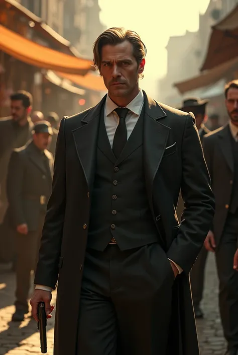 A man standing and smoking from one hand and holding pistol with his gangsters and his outfit is like thomas Shelby not hat mid hair in market and Sun  make it historical 