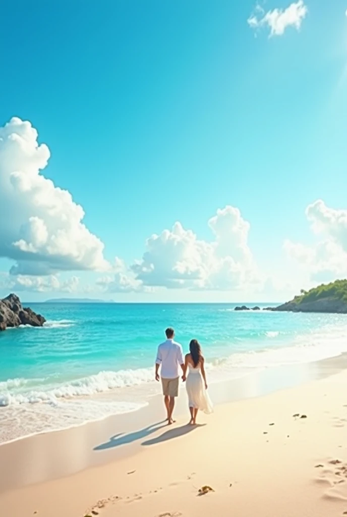 (((HD Wallpaper 1.3))), blue sky, white clouds, sea, sandy beach, 𝓡𝓸𝓶𝓪𝓷𝓽𝓲𝓬, bright colors, HD graphics, HD photos, 1/3. empty, Nikon SLR lens, shot at mid-range, soft lighting, masterpiece, a man and a woman are walking on the sand,