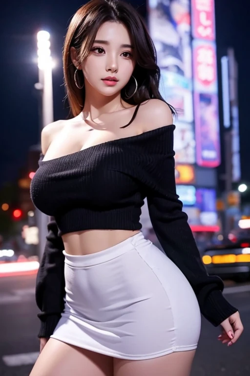 Highest quality、Anime Style、woman、slim、Off-the-shoulder sweater、Too big breasts、emphasize、Night Road