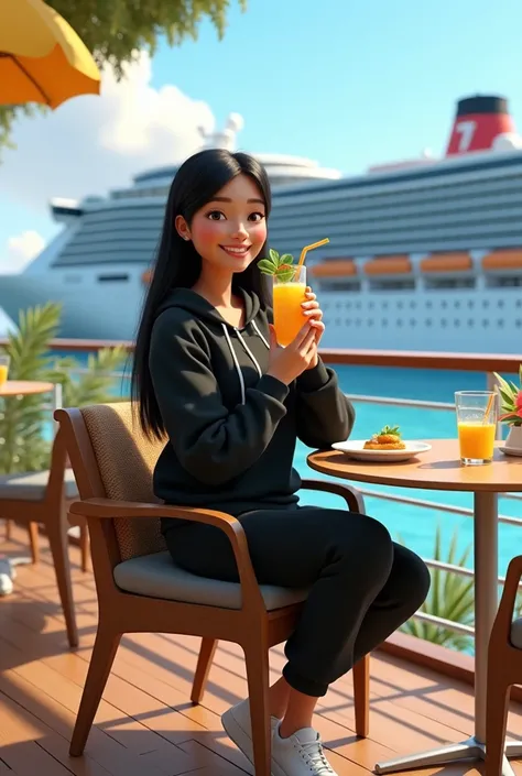 Girl in her 20’s, long black straight hair, wearing black sweatsuit with white sneakers, having piña colada at restaurant by pool at large cruise ship . Pixar 