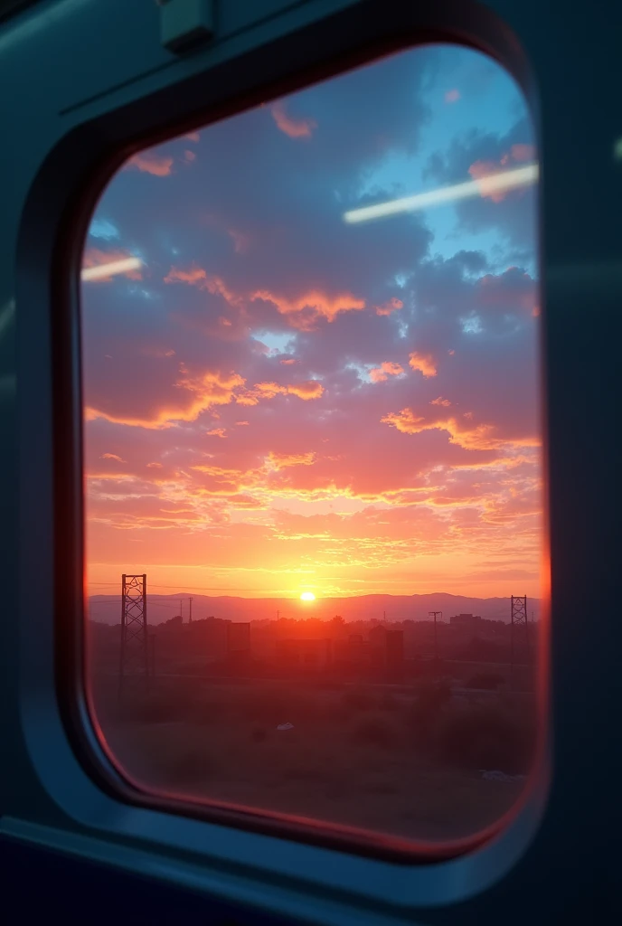 A magnificent pale orange sunset and blue sky reflected in the train window　more realistic　No depictions of people