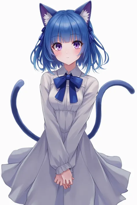 1girl, frederica bernkastel, bangs, blue bow, blue hair, blunt bangs, bow, breast hold,  cat tail, crossed arms, dress, long hair, long sleeves, purple eyes, simple background, solo, tail bow, tail ornament, tail raised, tail ribbon