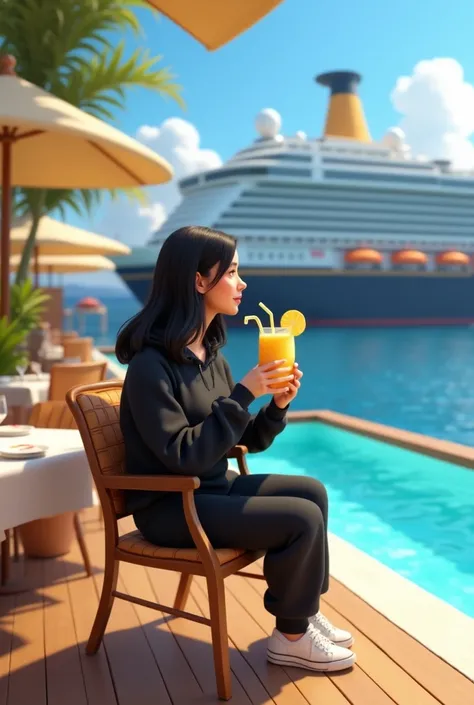 Girl in her 20’s, long black straight hair, wearing black sweatsuit with white sneakers, having piña colada at restaurant by pool at large cruise ship . Pixar 