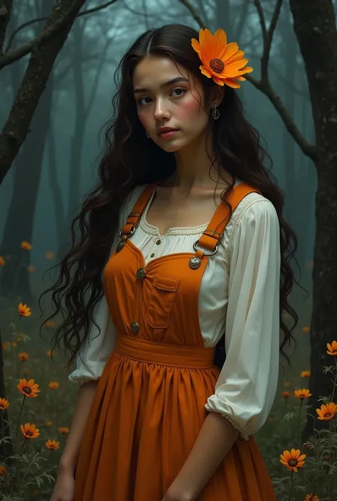 Dvd screenbarg from a 1995 films Dark Fantasy , Excalibur,  a woman with long, wavy brown hair, wearing a white blouse and orange overalls in the form of a dress with a flower detail. She has brown eyes, dark skin and wears an orange flower on her head. Sh...