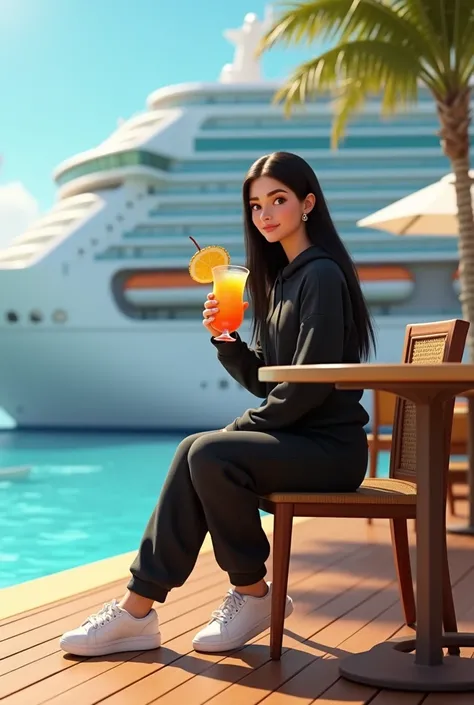 Girl in her 20’s, long black straight hair, wearing black sweatsuit with white sneakers, having piña colada at restaurant by pool at large cruise ship . Pixar 