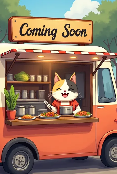 Cat (bicolor) cooking food in a food truck name "coming soon"