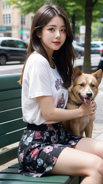 the best, a woman sitting on a bench , summer_skirt, dogs printed in the skirt