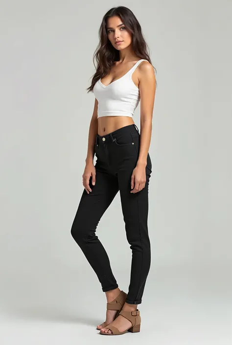 a Young woman in a white top and black pants posing for a picture, wearing cargo pants, cargo pants, black extremely tight jeans, black jeans, black pants, jean pants, jeans pants, jeans, with two front pockets, jeans and t shirt, wearing pants and a t-shi...