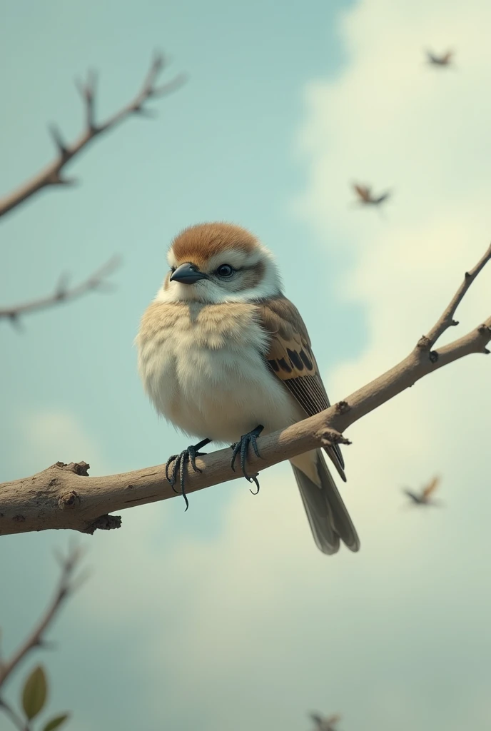 A little bird sits on a branch, sad and discouraged, staring at the sky. He dreams of flying but feels too small and weak to even try.
