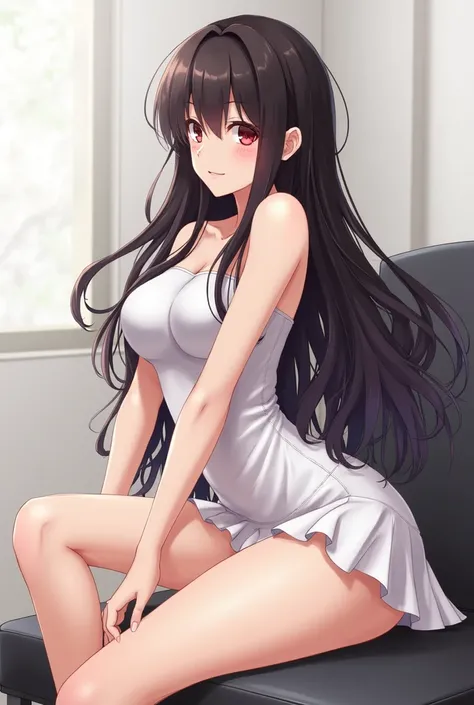 An anime girl with long dark hair wears a short white skirt and shows herself upskirt smirking on a chair.