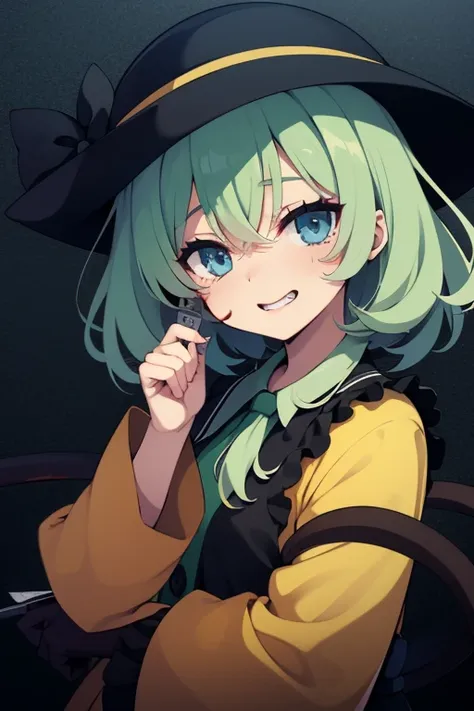 koishi komeiji　overall, it has a dark, horror-like image. one hand holds a knife.　my face is a little bloody　laughing a little