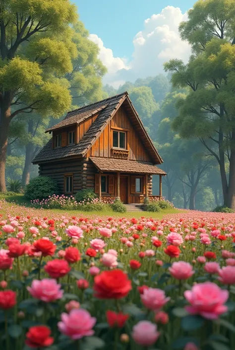 generates an image of a wooden house in a forest in a flat place, The plain must be filled with roses and dwarf trees