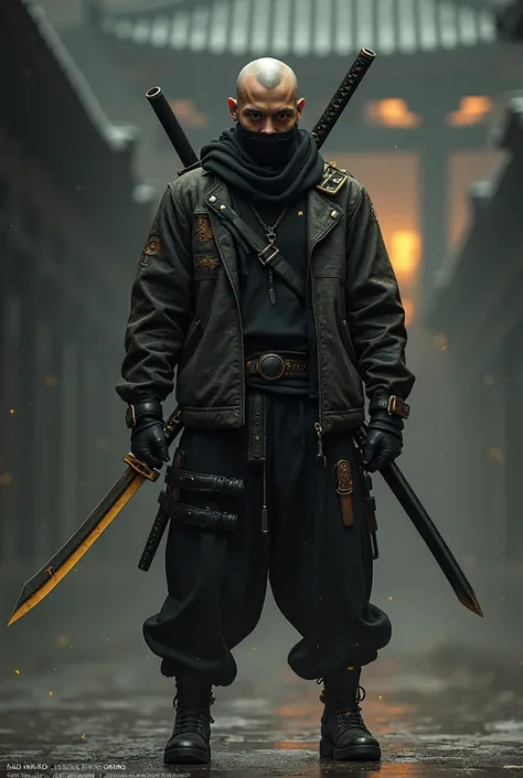 A ninja standing with a Japanese sword in his hand. This person is wearing dark clothing, Jacket with gold accents, Similar to a modern day samurai. The warrior&#39;s face is skinhead. He carries another dagger in a sheath at his waist., Gives the impressi...