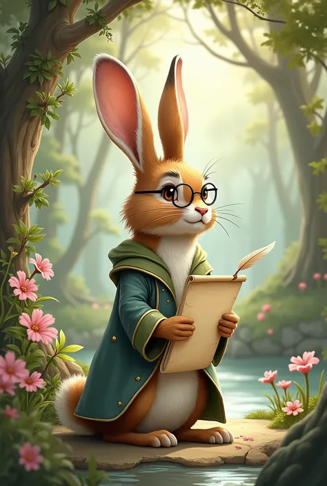 Illustration for the fairy tale about the hare, who can write and read