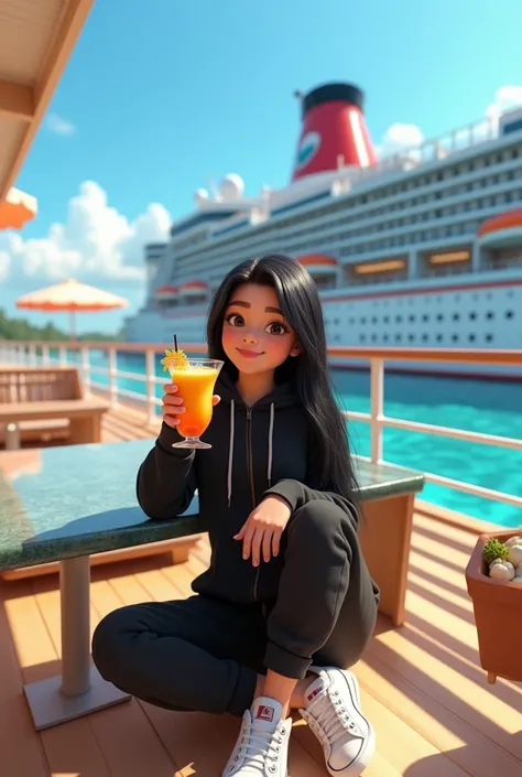 Girl in her 20’s, long black straight hair, wearing black sweatsuit with white sneakers, having piña colada at restaurant by pool at large cruise ship . Pixar 