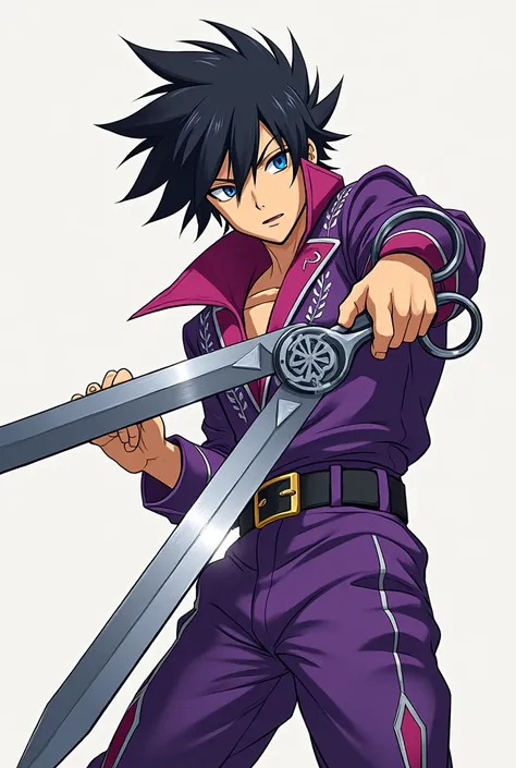 Anime guy wearing purple, with a scissor in one hand 