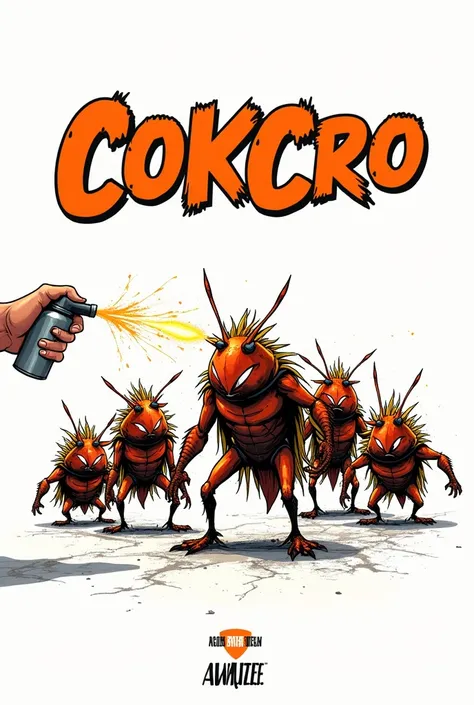 Create for me comic book cover superhero cockroaches ,antwhite background comic book front page wrote title (COKCRO) price tag date of .Ahwee design  sign at below.hand from left holding and sprayed .boys with spikey hair wearing black jacket