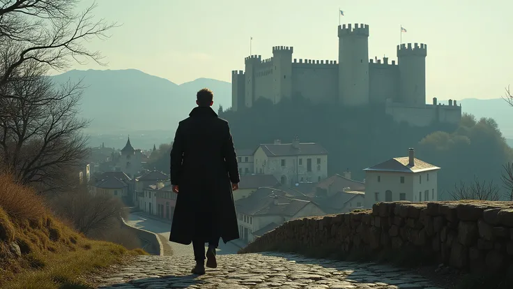 A man in a long coat walks back towards the screen on a hill opposite the town which has a Templar castle in the town centre. The scene is captured with a Sony A7R IV paired with a 135mm f/2.5 GM lens./1.8, ensuring stunning clarity and rich detail.   8k