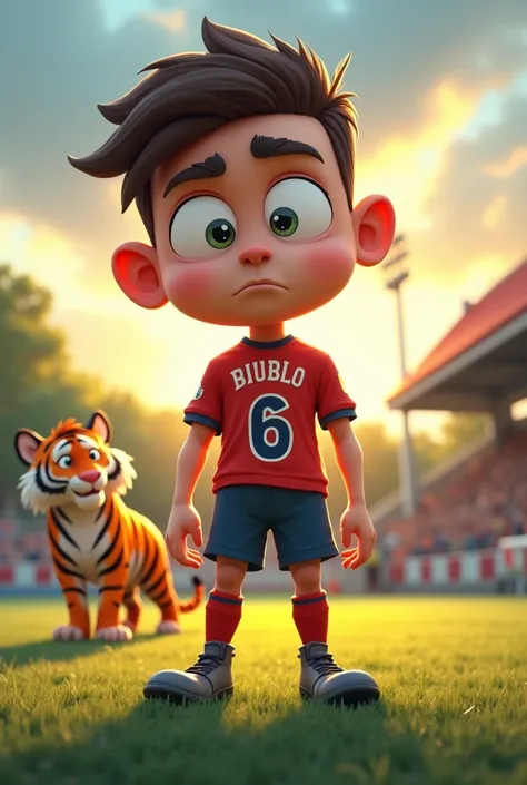 (male cartoon, cartoon style, big head, , wearing a soccer uniform complete with shoes, cartoon of confusion, looking at the back of the shirt because the back number is printed wrong, number 2), (on the football field, afternoon, the field is a little dar...