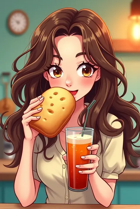 Make a picture of a woman with brown hair that the camera is focused on this woman sitting eating a potato bread with soda .Cartoon