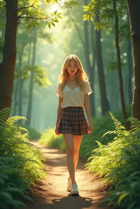 There is a korean girl, k-pop star schoolgirl, blonde haired blonde girl in her 20s, who is walking along a path in the forest, lorean blonde girl Walking in the forest, plaid pleated mini skirt, walking upright in a forest, Walking in the forest, schoolgi...