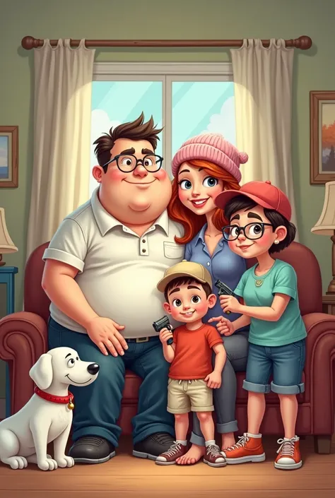 Cartoon family in a suburban living room. The father is chubby, wears glasses and a white shirt. The mother is slim, has red hair and a blue blouse. the 1. Daughter is a shy teenager with brown hair, a pink woolen hat and glasses. The 2. Son also chubby an...