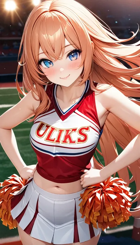 cute cheerleader, smiling, striking beautiful eyes, glossy silky hair, make-up, amorous and lewd expression, fascinating, perfect proportions, wearing cheerleader uniform, posing with pom-poms and hands on hips, delicate and dynamic textures, 2.5D, digital...