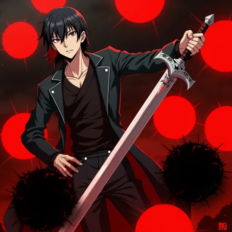 An anime villain with black hair, holding a sword.