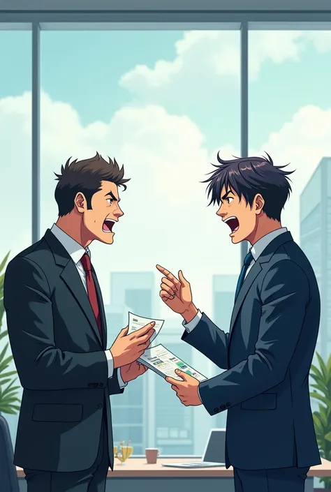 please draw a picture of two businessman debating between the net present value (NPV) and the internal rate of return(IRR) and two busiess man like anime