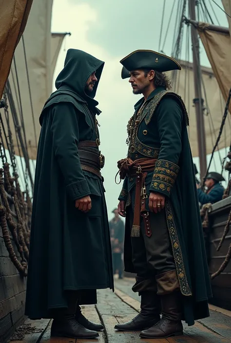 Make a hooded wizard in his 20s and a pirate in his 30s with a scar on his face, both on a boat surrounded by pirate ships 