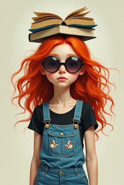 A girl with long red hair with a book on her head and wearing a blue jumpsuit with a butterfly picture and also wearing sunglasses and a black shirt underneath.