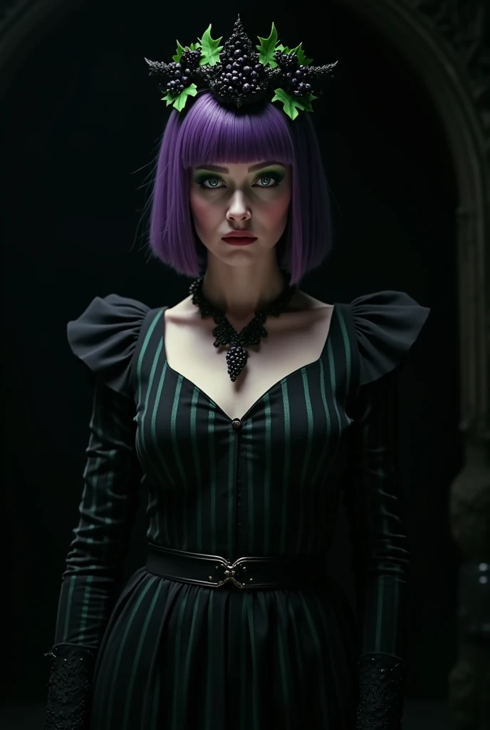 Dvd screenbarg from a 1995 filmes Dark Fantasy, Excalibur, A woman , with super short, straight purple hair with lots of green highlights , with a black tiara with grapes , wears a black half-sleeved dress , the dress is striped between green and purple , ...