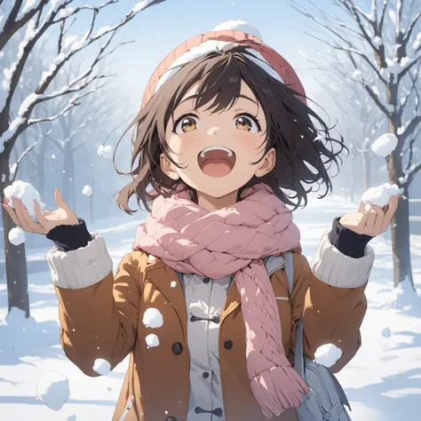 girl, junior high school students、winter clothing, small breasts, looking up to eat snow、smile