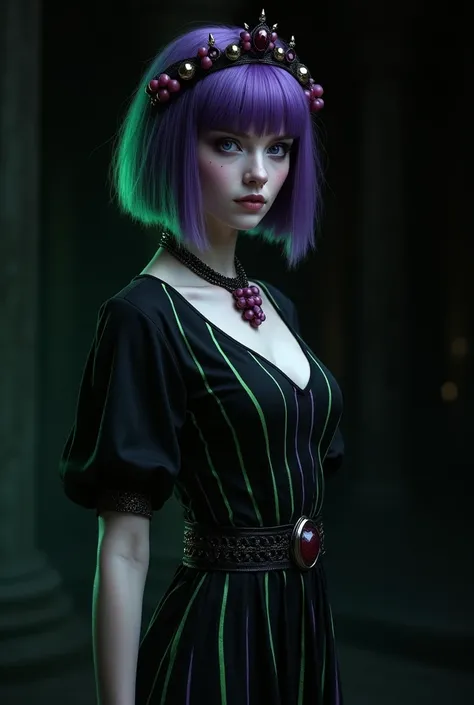 Dvd screenbarg from a 1995 filmes Dark Fantasy, Excalibur, A woman , with super short, straight purple hair with lots of green highlights , with a black tiara with grapes , wears a black half-sleeved dress , the dress is striped between green and purple , ...