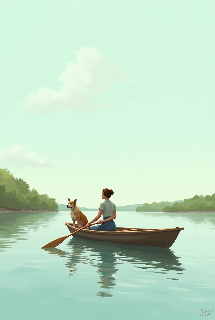 A woman rows a boat with a dog toward the shore.