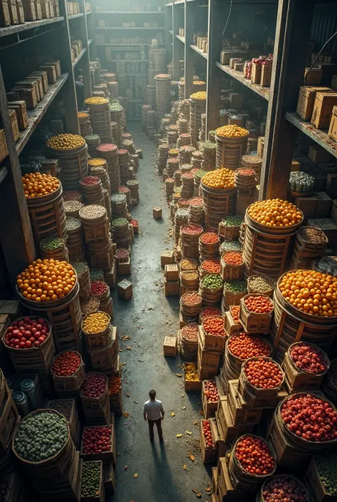 a huge collection of fruit and random household items in a large warehouse