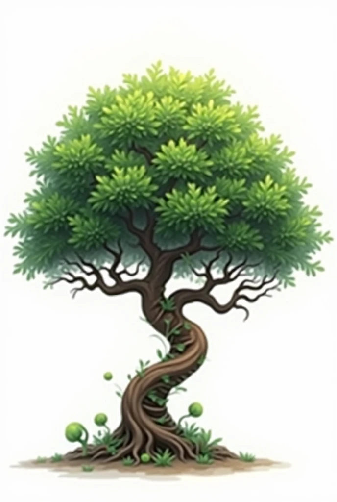 A short fat green banyan Tree with white background And its 
brown  Trunk (body) has the shape of a DNA helix with branches also has the shape of DNA helix 
The tree should have huge amount of leave and branches should be visible
Tree should be realistic 