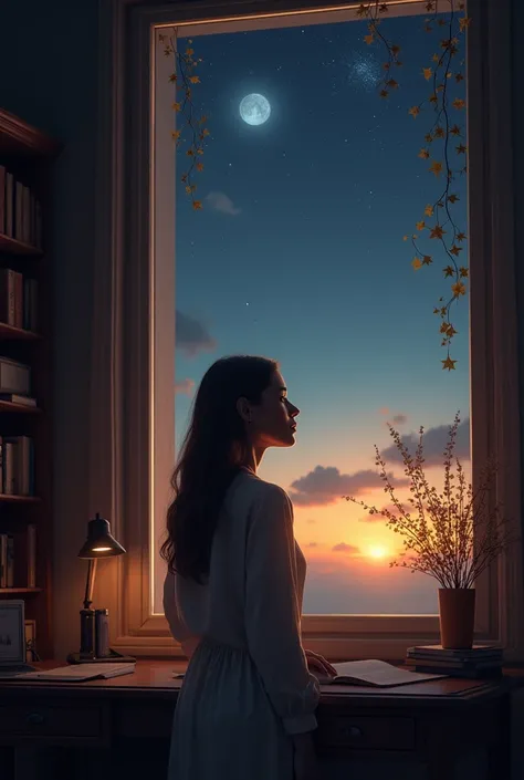 A woman looking at the sun star and moon from her study room window 