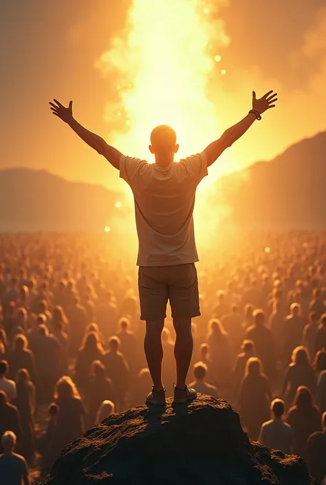 A person standing on a stage or mountain peak, arms raised in victory, with a large crowd in the distance, and a glowing light shining behind them, symbolizing triumph over doubt and obstacles.