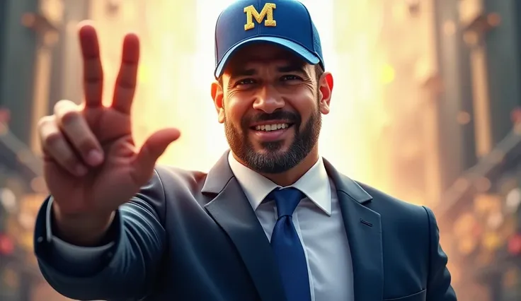 create a photo of a 30 year old man with a short beard ,blue cap with the letter M ,in a suit with rays coming out of his body and putting three fingers up running for mayor of São Paulo