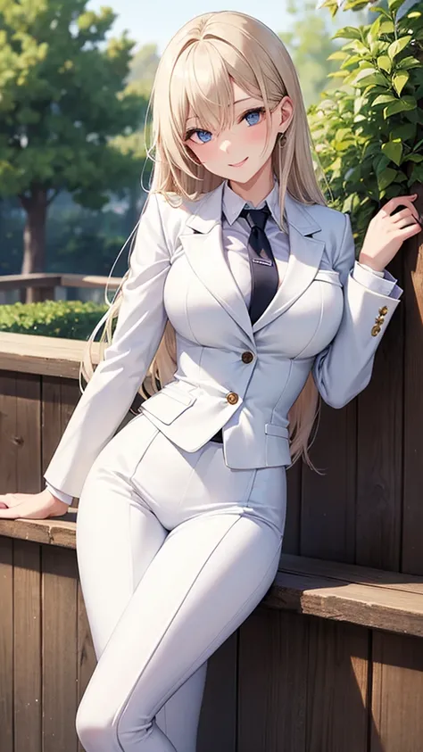 Sexy woman in a white suit　tie　smile