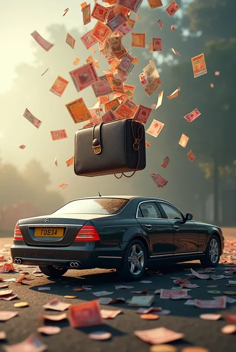 Image of a Car in front of a purse with indian rupees falling