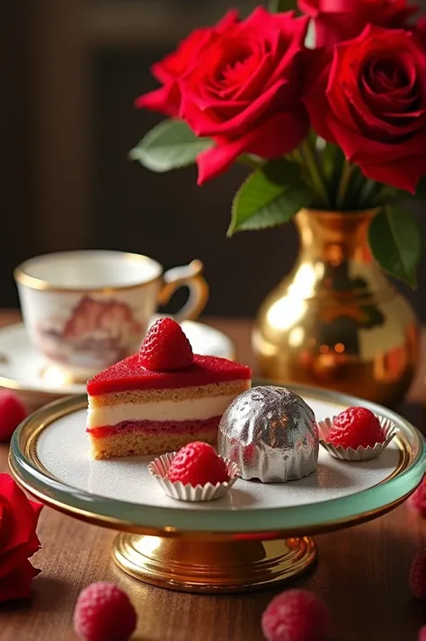 realistic photography. luxurious small glass table. Above is a cup decorated with a landscape. There is a golden vase with red roses. A slice of strawberry cake and a chocolate bonbon wrapped in silver paper. Very luxurious atmosphere.