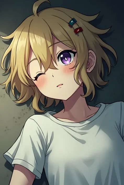 Yoosung Kim, blonde hair with wavy tips, side bangs, Violet eyes, hair clip, white t-shirt, fainted on the floor with his eyes closed, the left eye injured with a cut, broad focus from above