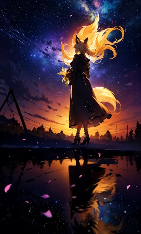 １people々々々,Woman with medium length blonde hair，Fox Ears，Long coat，Tall， Dress Silhouette， Rear View，Space Sky, Flower Field，Countless meteor showers，Colorful flowers，Dancing petals，