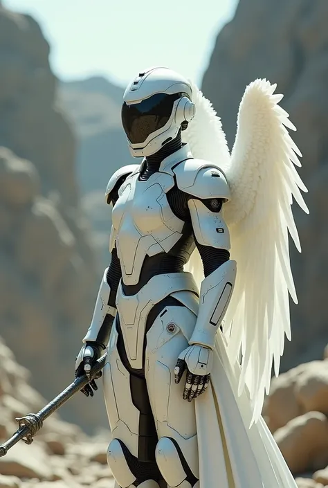 cinematic scene of a white cyberpunk style celestial warrior, with a classic Roman style robotic helmet of the latest generation with a simple and elegant design , Cold and shiny robotic eyes with state-of-the-art white metal armor,with tactical white meta...