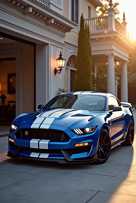 Image of a blue color ford mustang shelby with two white color strips in the middle of car body, parked outside a luxury garage (american luxury mansion background) sunset (sun) color is hitting the car, ford logo on the background wall, highlighted, cinem...